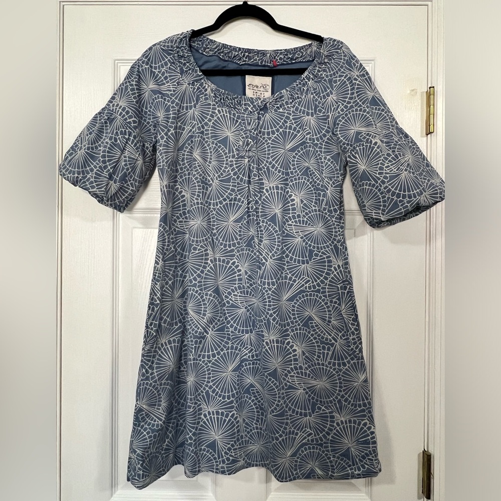 Esprit Light Blue/Cream Women's Midi Dress - Modest with puffed sleeves - SZ 12